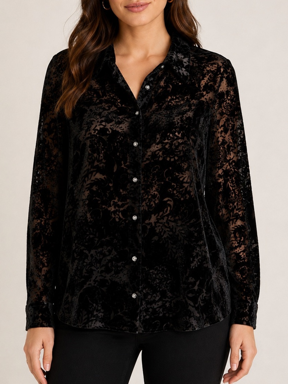 Lauren Ralph Lauren Black Velvet Burnout Silk Blend Plus Size Button Blouse 3X